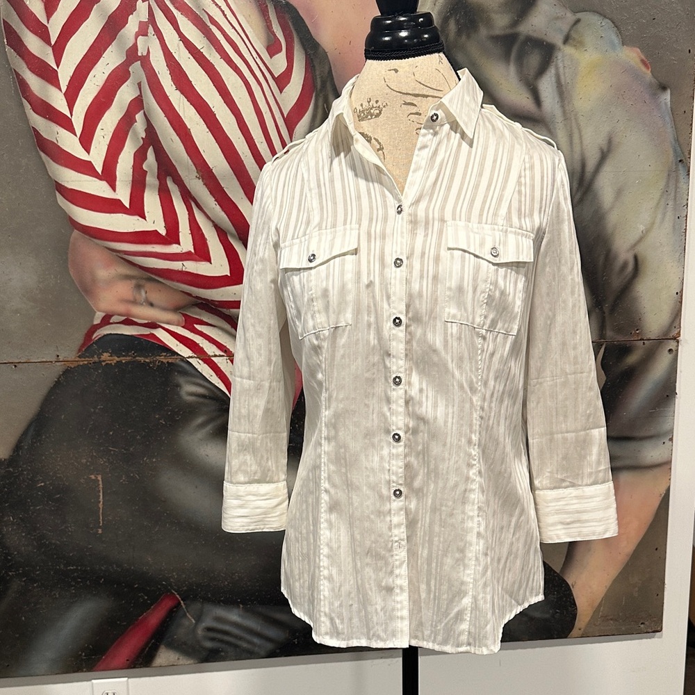 Women's White Striped Button-Up Shirt
